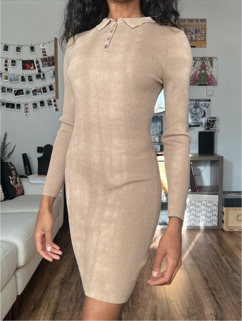 Primark Beige Rib-Knit Polo Sweater Dress